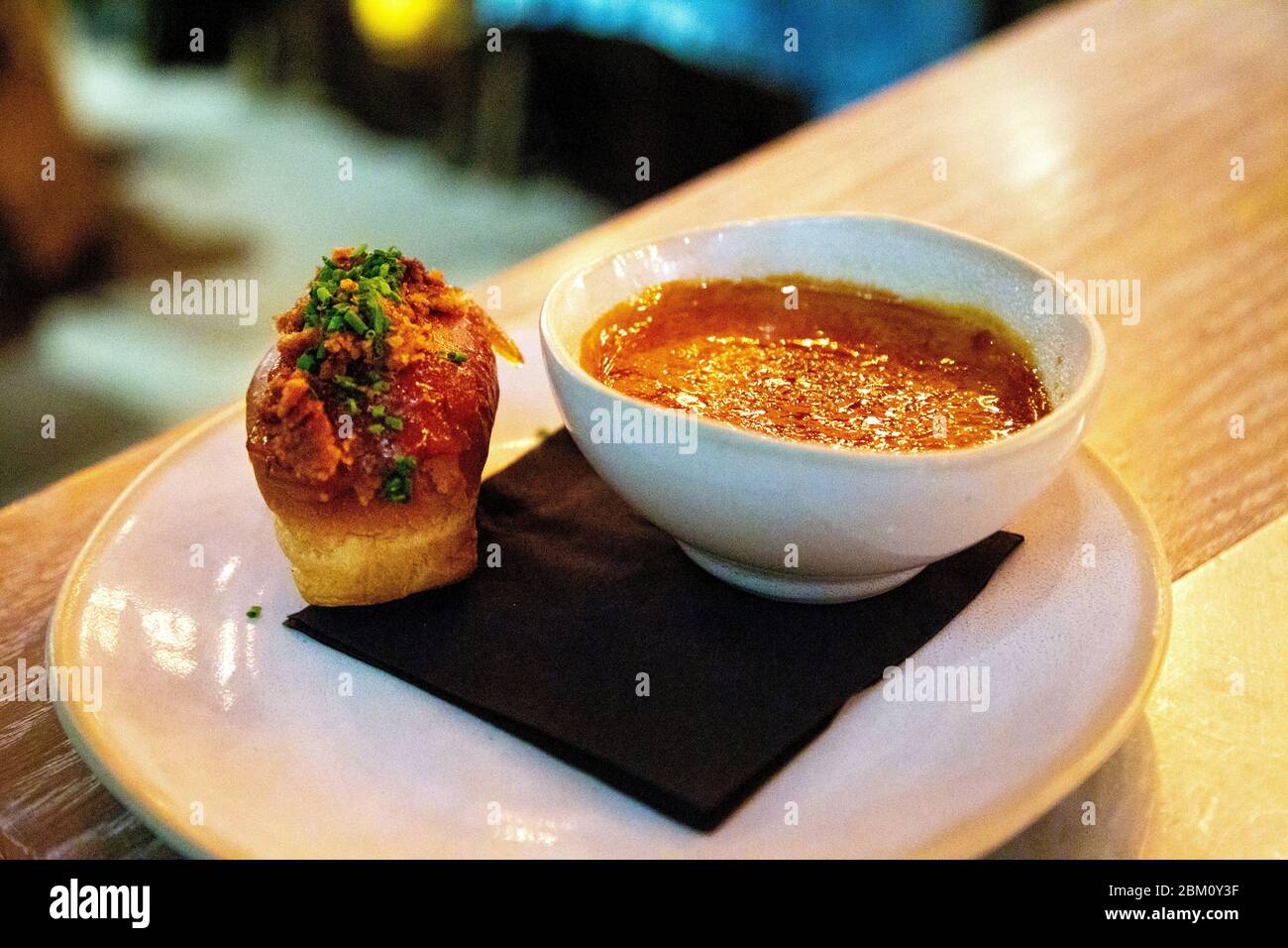 Foie Gras Crème Brûlée and brioche at Duck and Waffle Local, London, UK Stock Photo