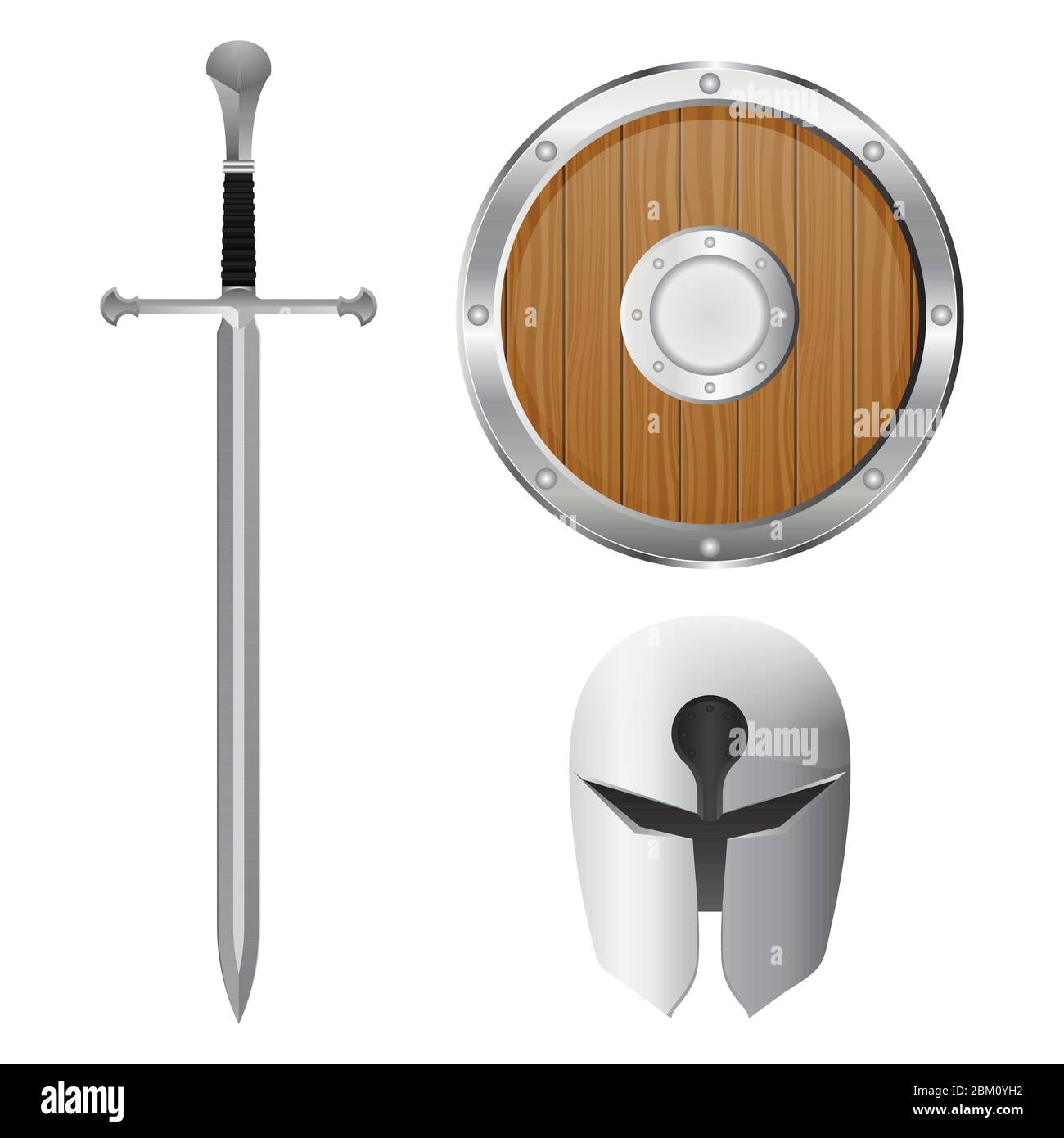 Sword, helmet and shield set. Vector illustration isolated on white background Stock Vector