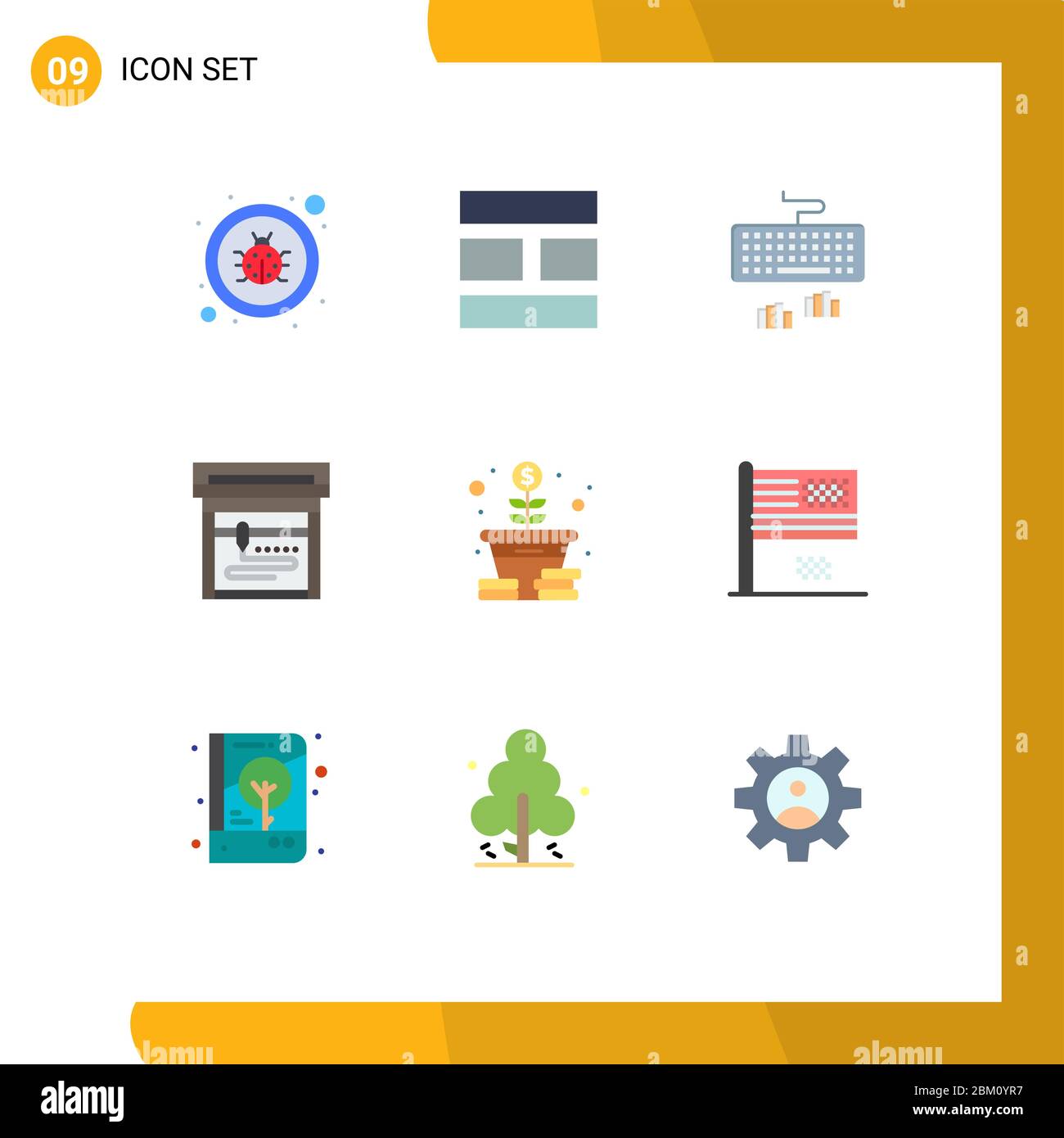 Modern Set of 9 Flat Colors Pictograph of coins, money, keyboard, growth, machine Editable Vector Design Elements Stock Vector