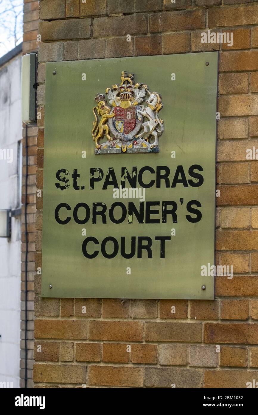 Sign outside the St Pancras Coroner's Court, near Kings Cross, in the London Borough of Camden, London, England Stock Photo