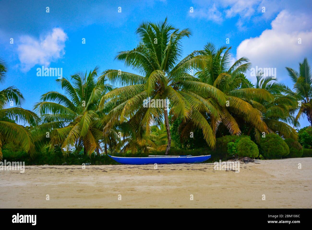 Beautiful scene of exotic paradise: white sand beach, blue wooden canoe. in the back rich, lushy palm trees under blue sky. Tropical nature background Stock Photo
