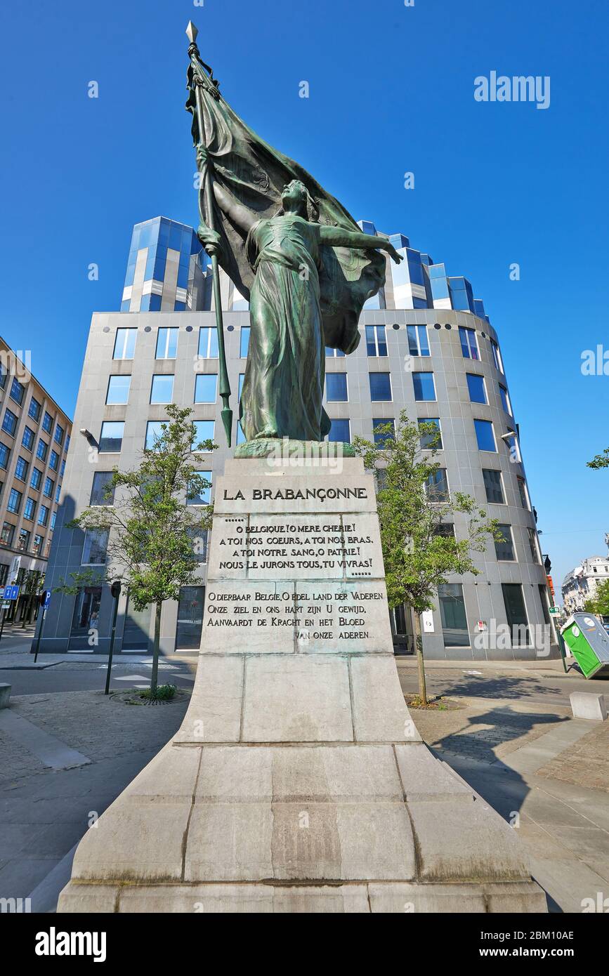 Brussels, Belgium - April 26, 2020: Square Surlet de Chokier and brabanconne statue at Brussels during the confinement period. The statue was sculpted Stock Photo