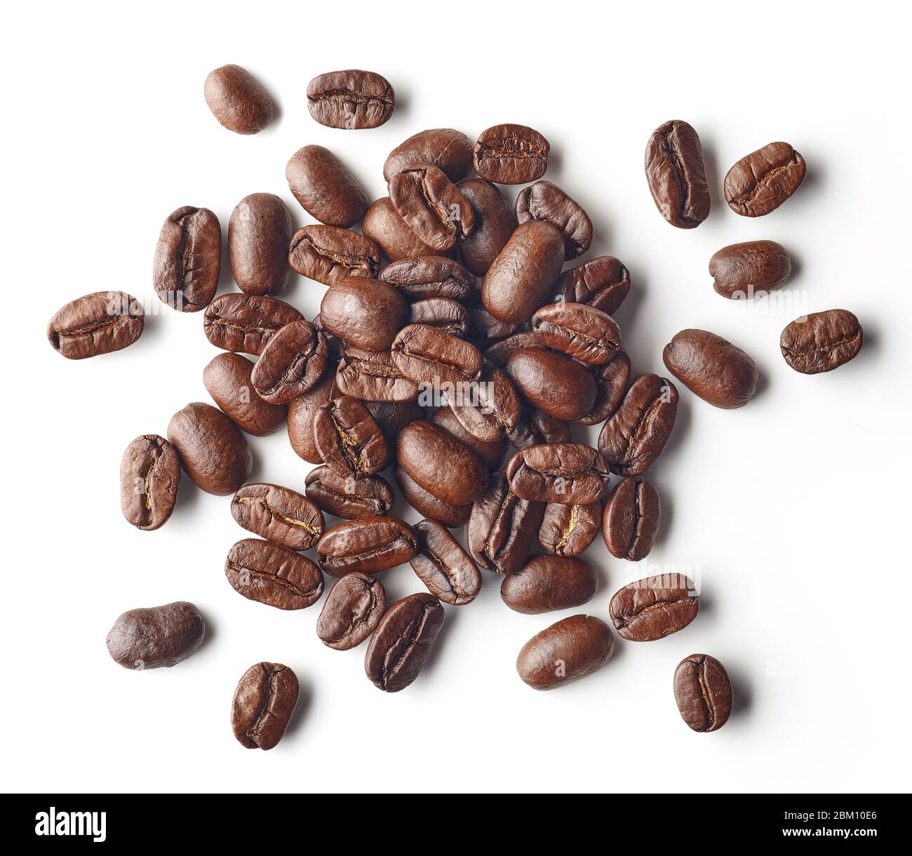 Heap of roasted coffee beans isolated on white background, top view ...