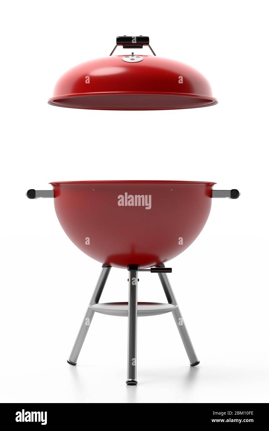 BBQ grill. Barbecue red color with lid isolated against white background. Portable appliance for