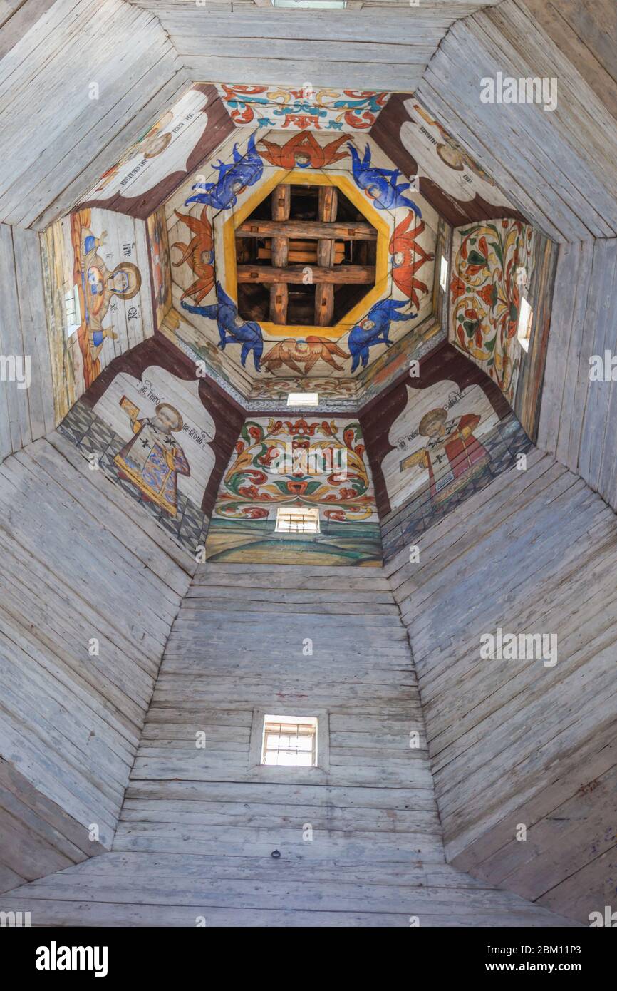 Our Lady of Tikhvin wooden church interior, Torzhok, Tver region, Russia Stock Photo