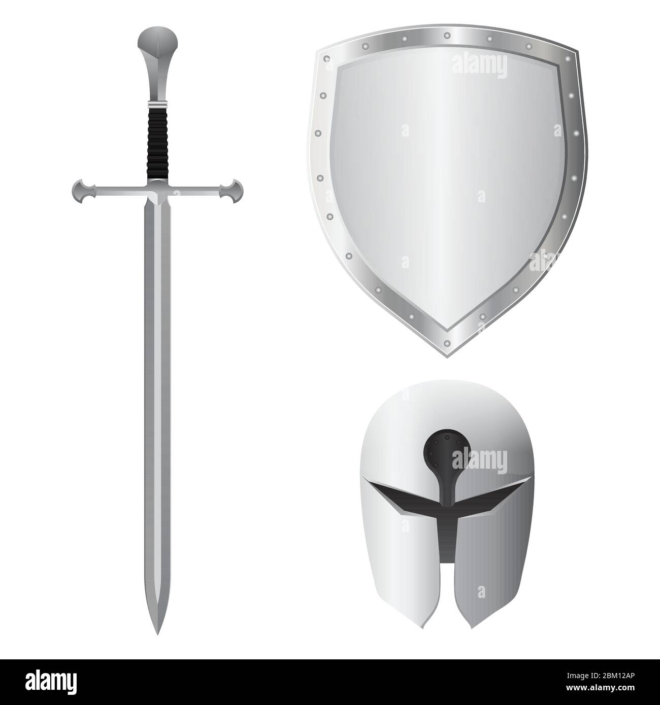 Sword, helmet and shield set. Vector illustration isolated on white background Stock Vector
