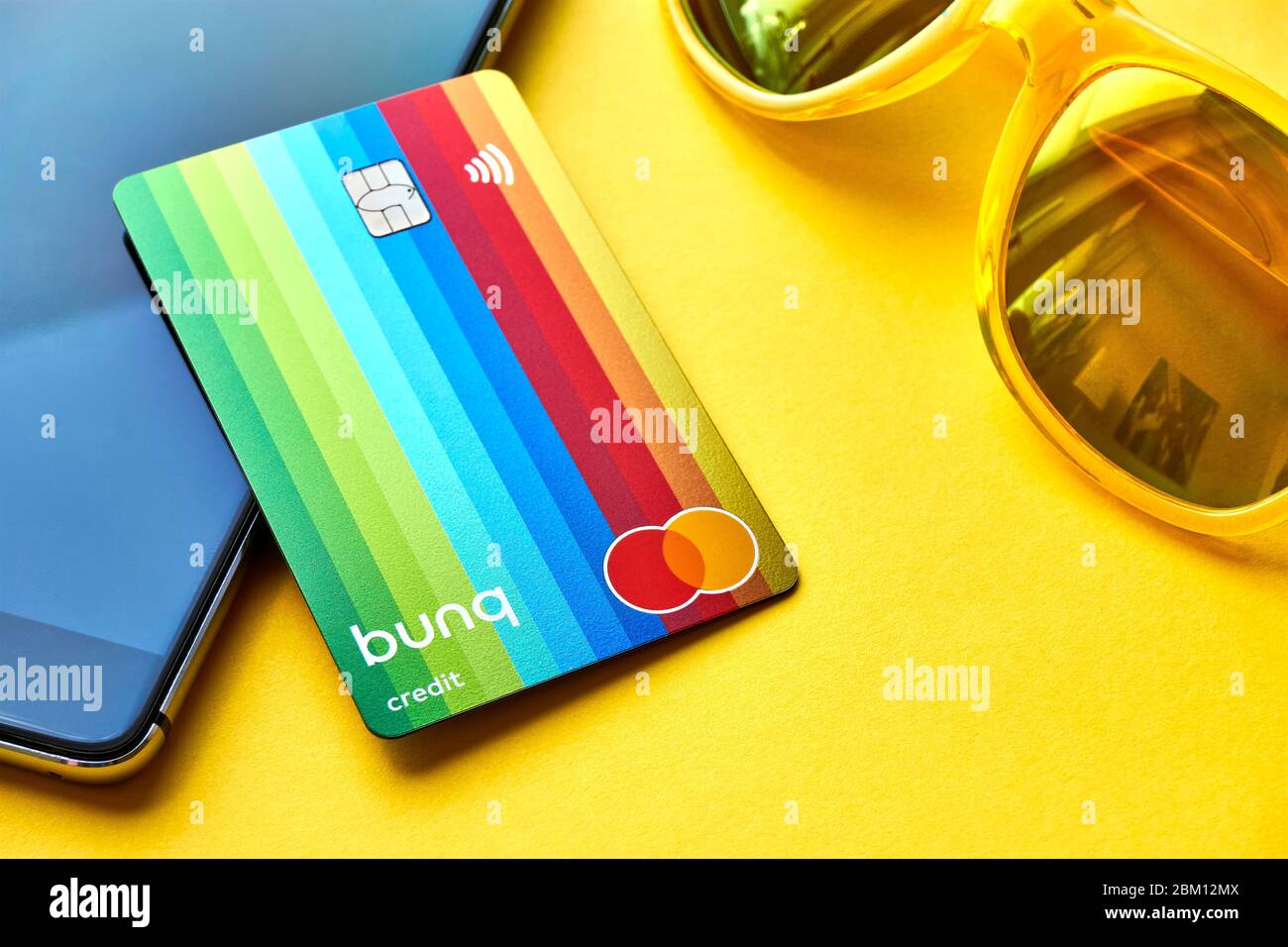 Franeker, The Netherlands - March 1 2020: The bunq Travel Card is a prepaid Mastercard credit card. Bunq is a dutch, internationally active neobank. Stock Photo