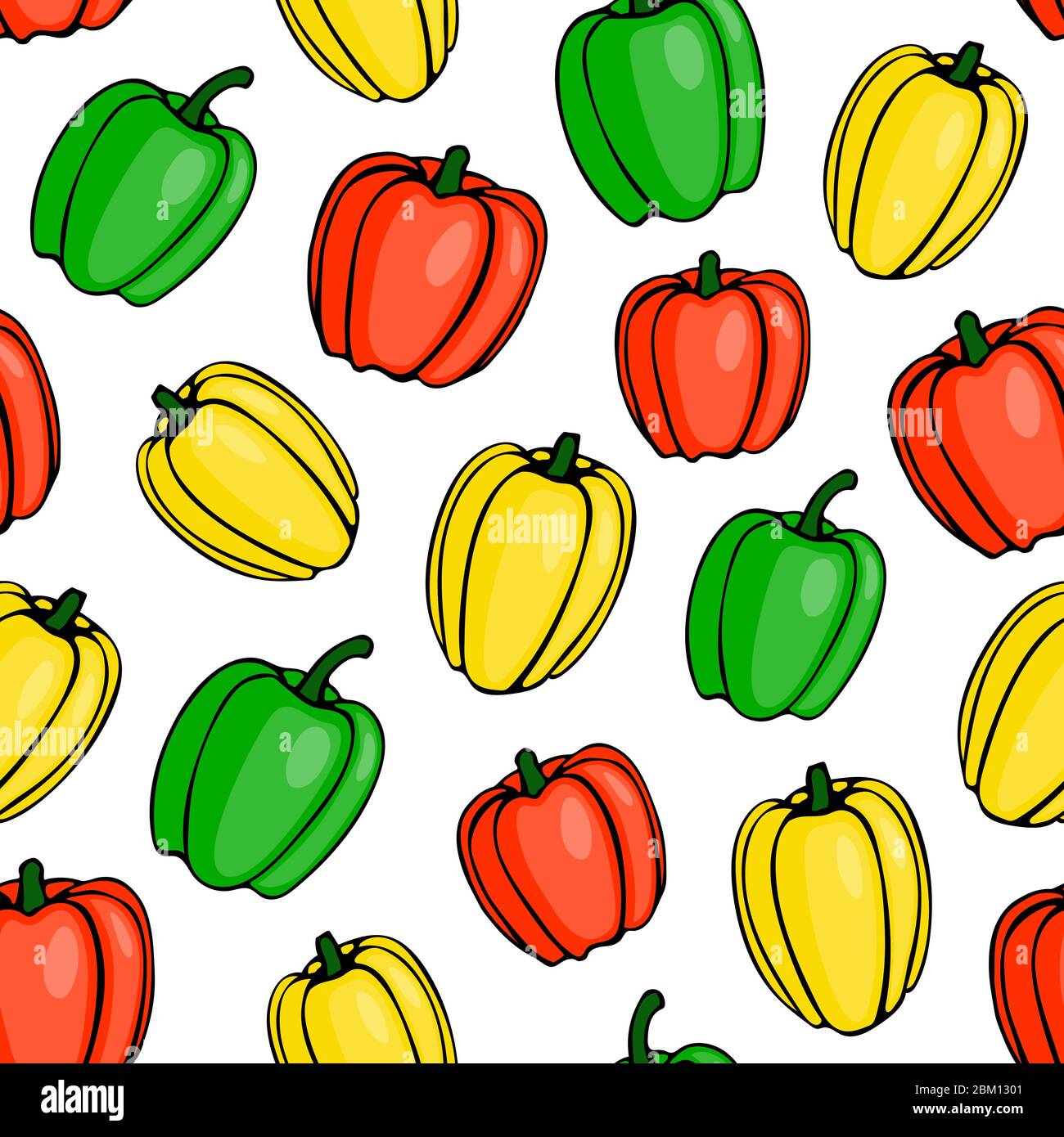 Vector seamless pattern with cartoon bell peppers. Template for kitchen textile and fabric. Sketch of farm and garden vegetable, harvesting season Stock Vector