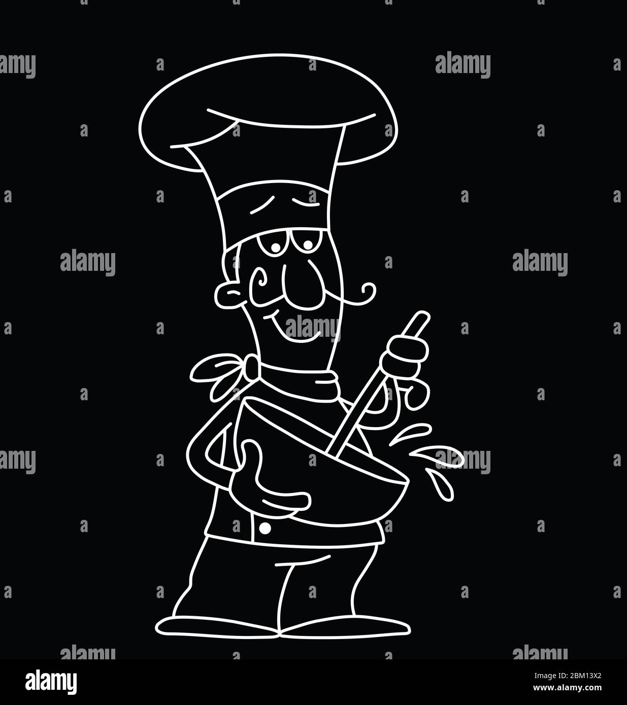 Monochrome outline cartoon chef stirring a mixture in a bowl isolated ...