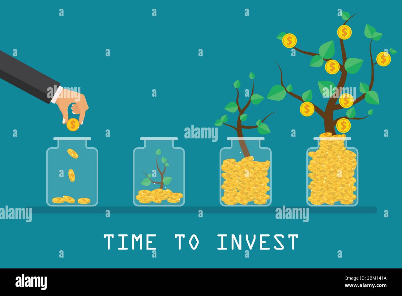 Time to invest concept. Grow business. Money tree and financial growth process. Vector
