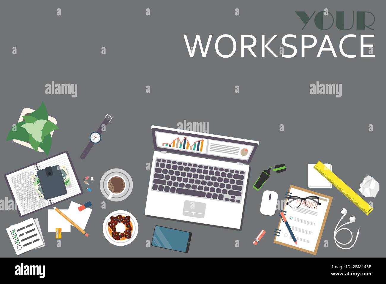 Workspace Objects Business workspace top view. Office objects. Business planning and ...