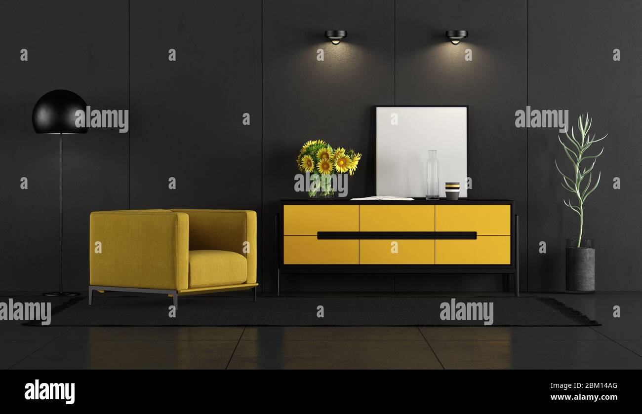 Black concrete room with yellow armchair and sideboard - 3d rendering Stock Photo