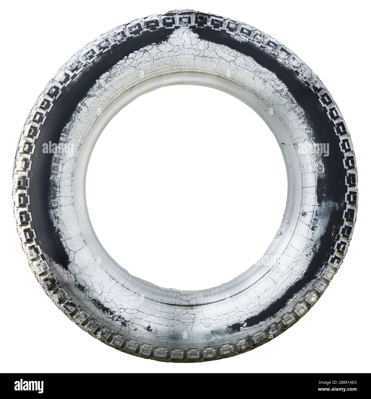 Cutoff of an old car tire , partially painted white Stock Photo