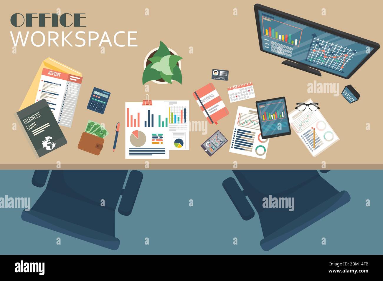Workspace Objects Business workspace top view. Office objects. Business planning and ...