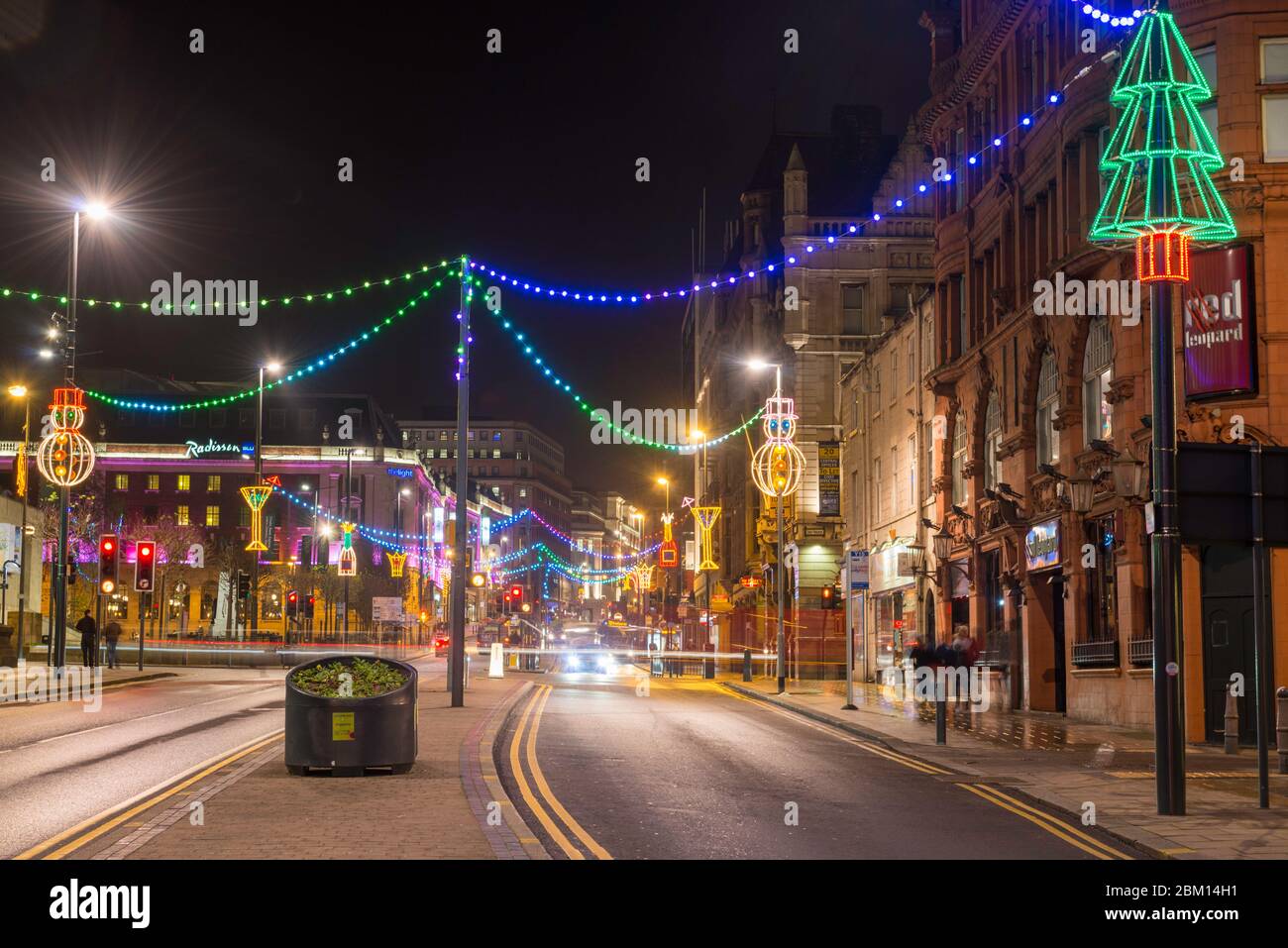The Headrow, Leeds at night at Christmas illuminated with festive