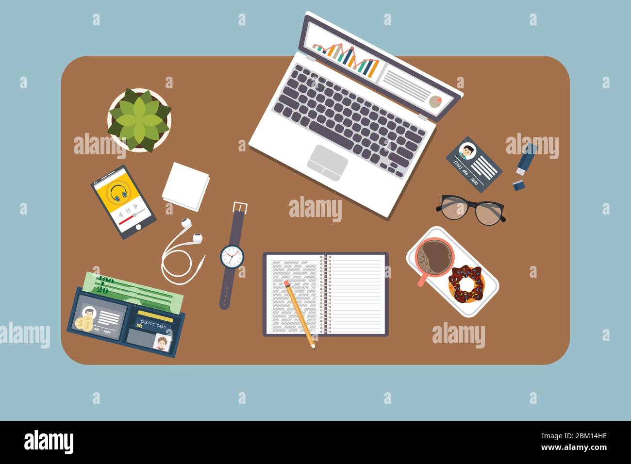 Workspace Objects Business workspace top view. Office objects. Business planning and ...