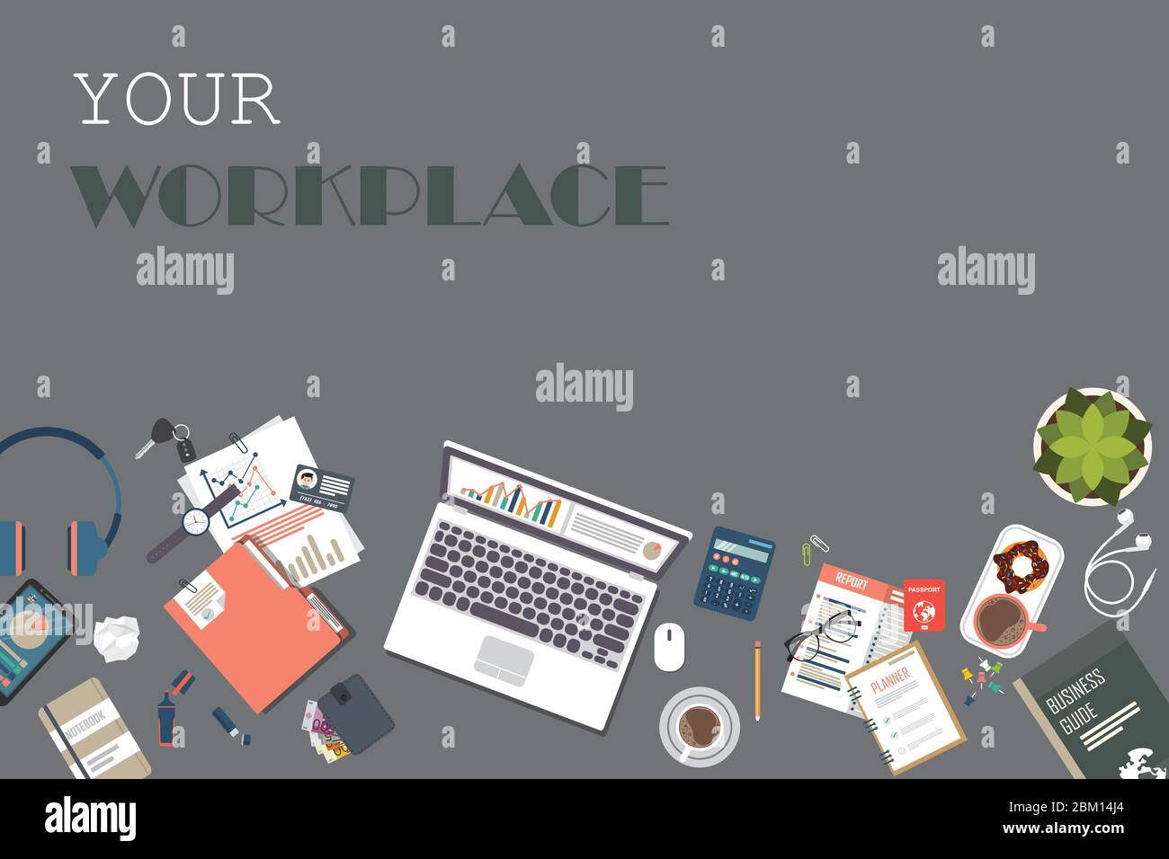 Workspace Objects Business workspace top view. Office objects. Business planning and ...