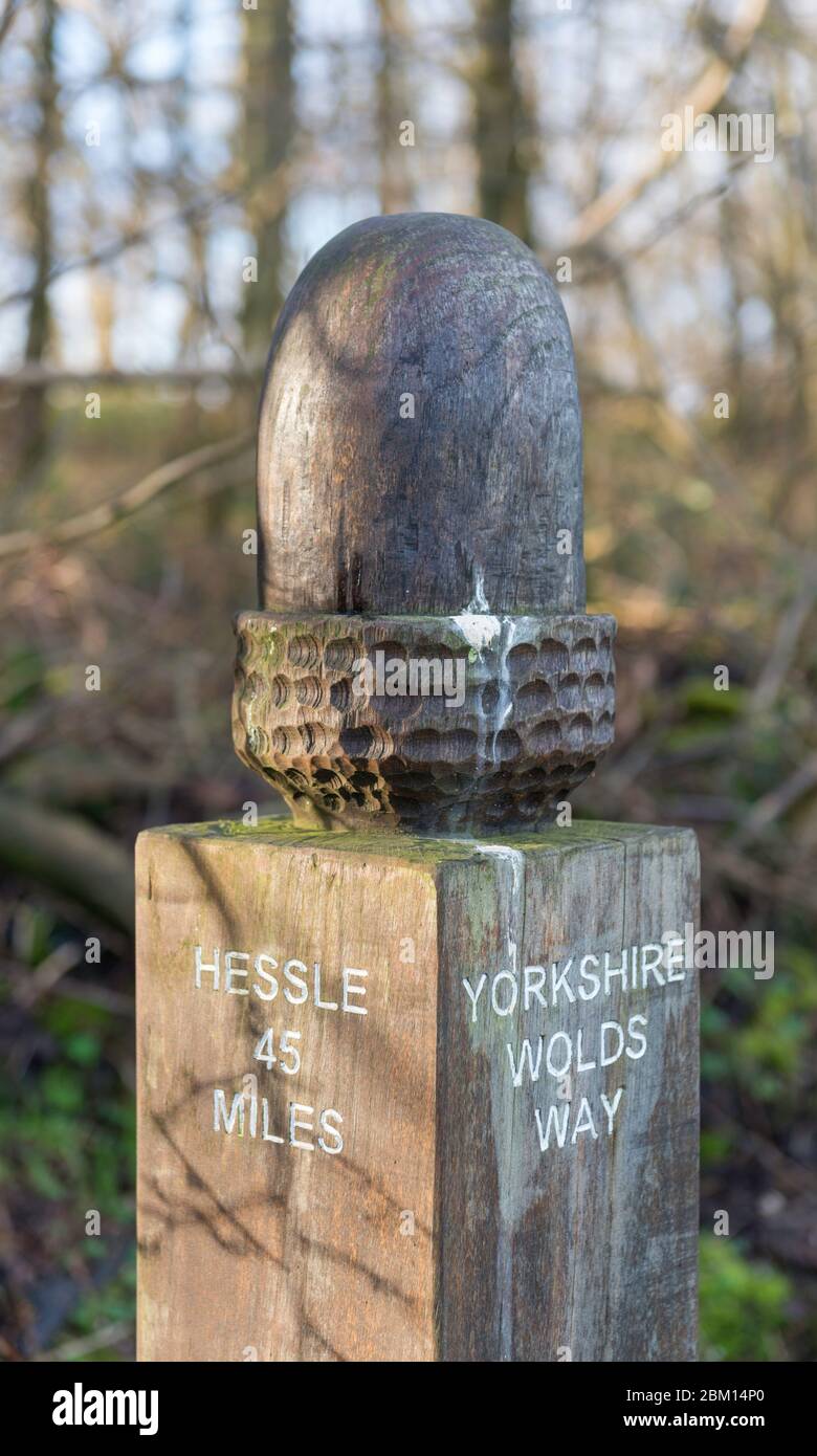 Distance marker on the Yorkshire Wolds Way long distance footpath Stock Photo