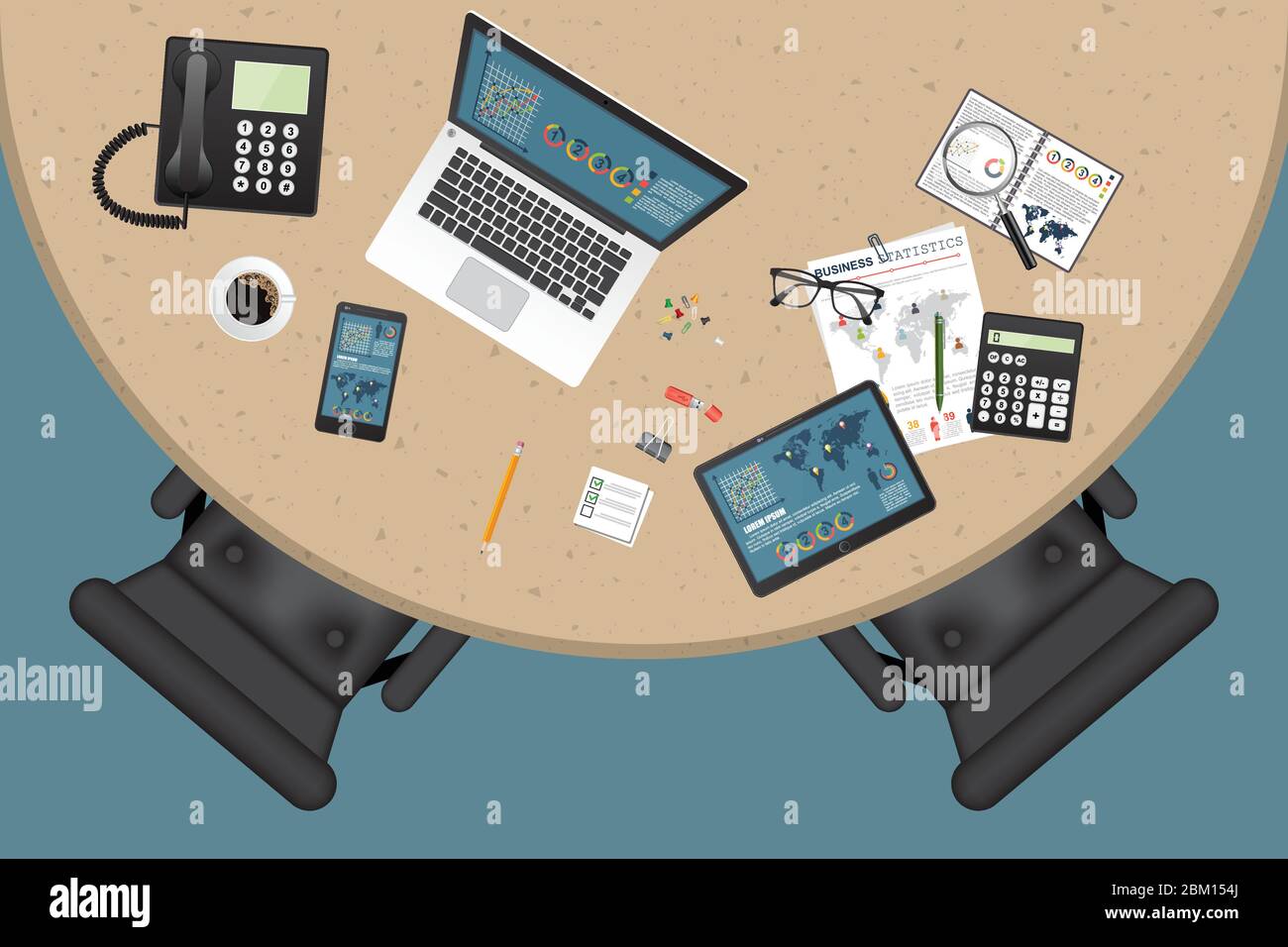 Business workspace top view. Office objects. Business planning and analyzing. Auditing concept. Stock Vector