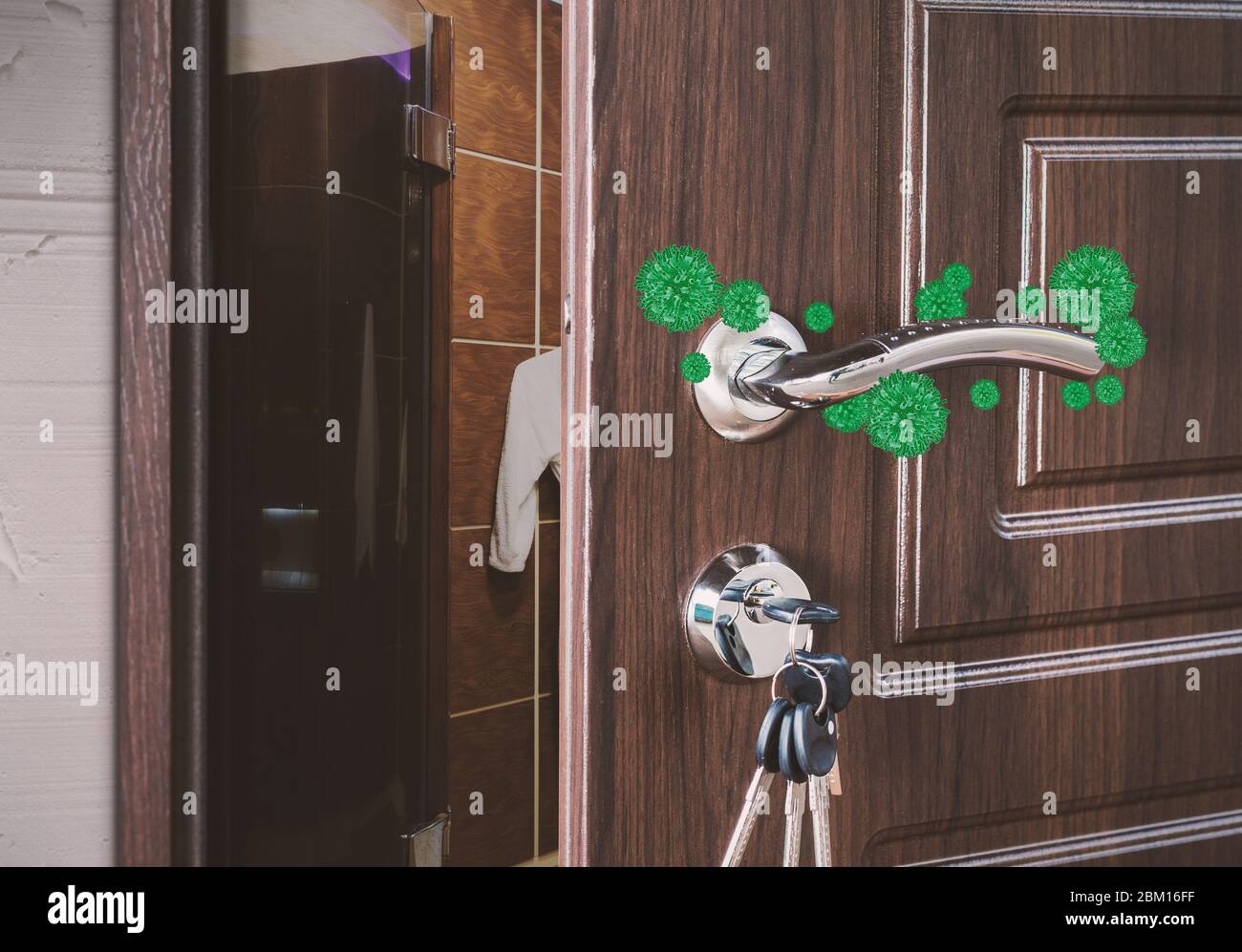 Germs everywhere. Harmful bacteria and germs on door handle, collage