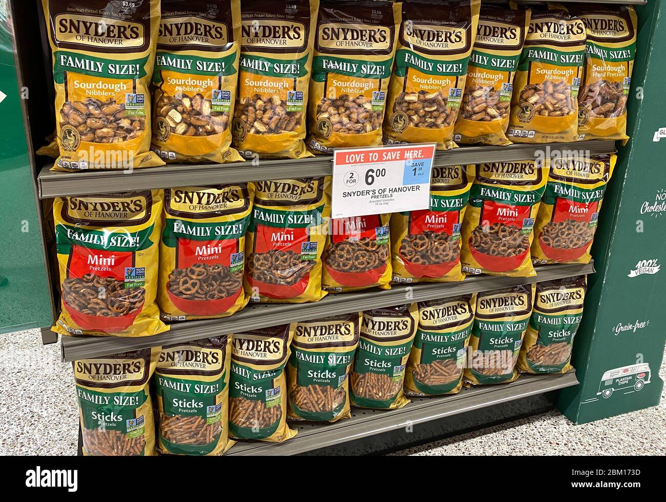 Orlando,FL/USA5/3/20 A display of Snyder's of Hanover Pretzel aisle at a Whole Foods Market
