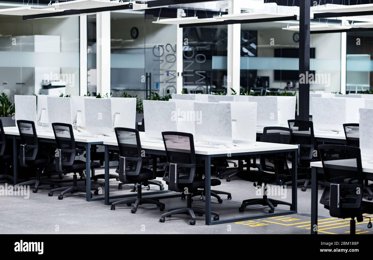Light modern open space office with computers, no people Stock Photo ...