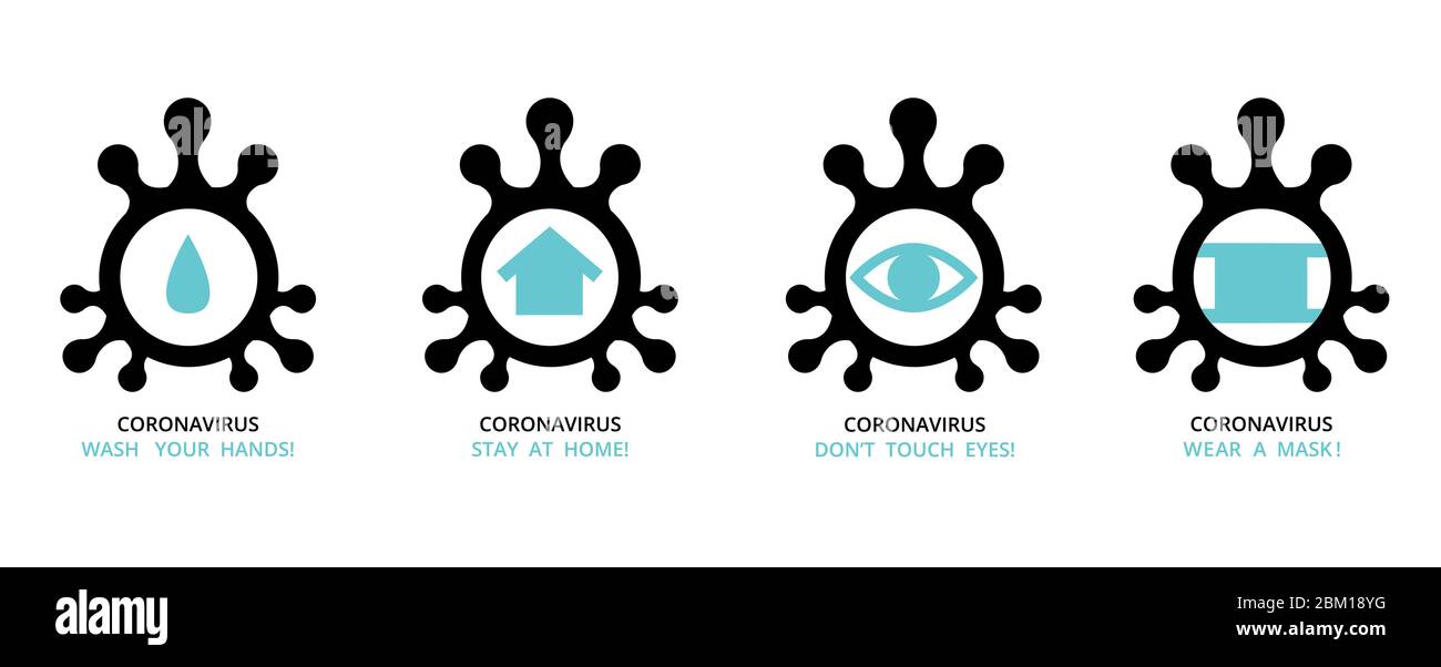 virus , bacteria , microbe icon shape set , group of schematic pictures of medicine icons with text recommendation signs for quarantine at self isolat Stock Vector