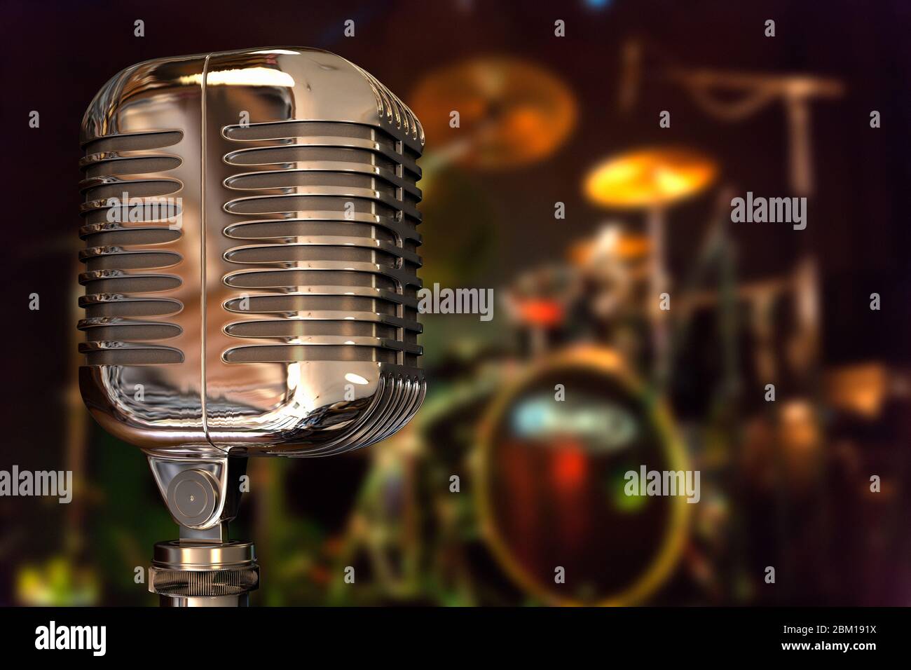 3D rendering of a retro vintage microphone on the stage with a blured ...