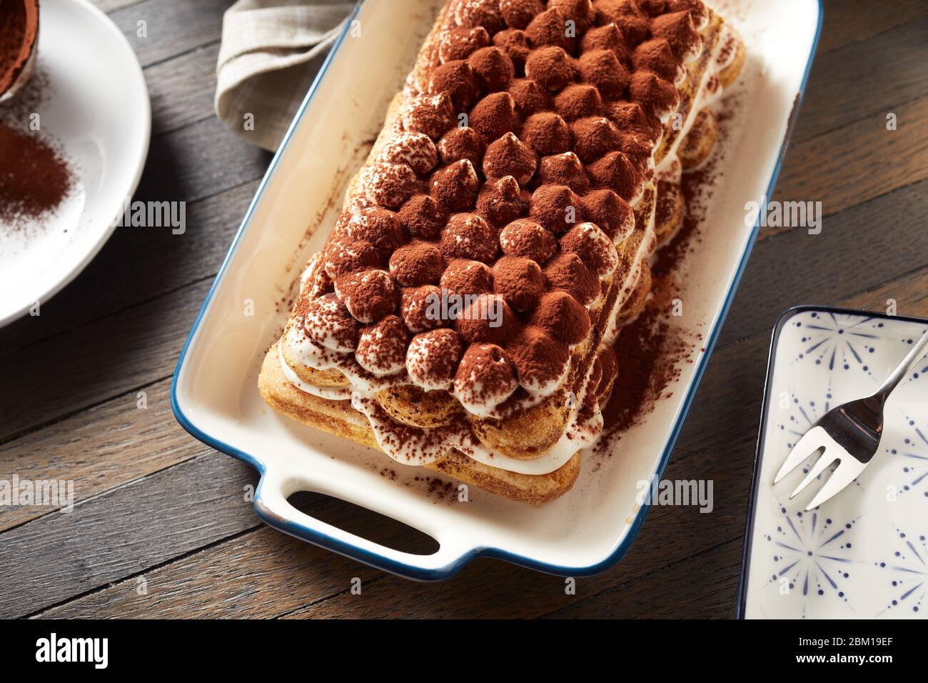 Top down view on a large freshly made Italian tiramisu on a rectangular