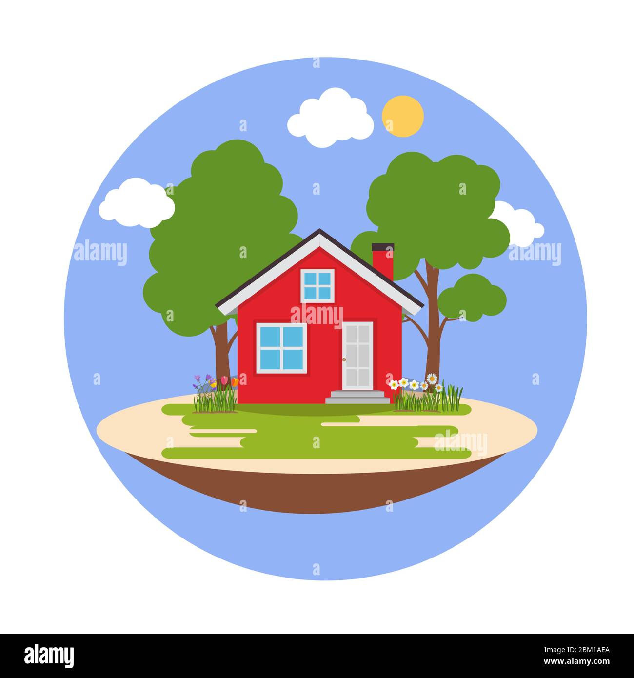House with trees and flowers. Flat Background. Vector Illustration ...