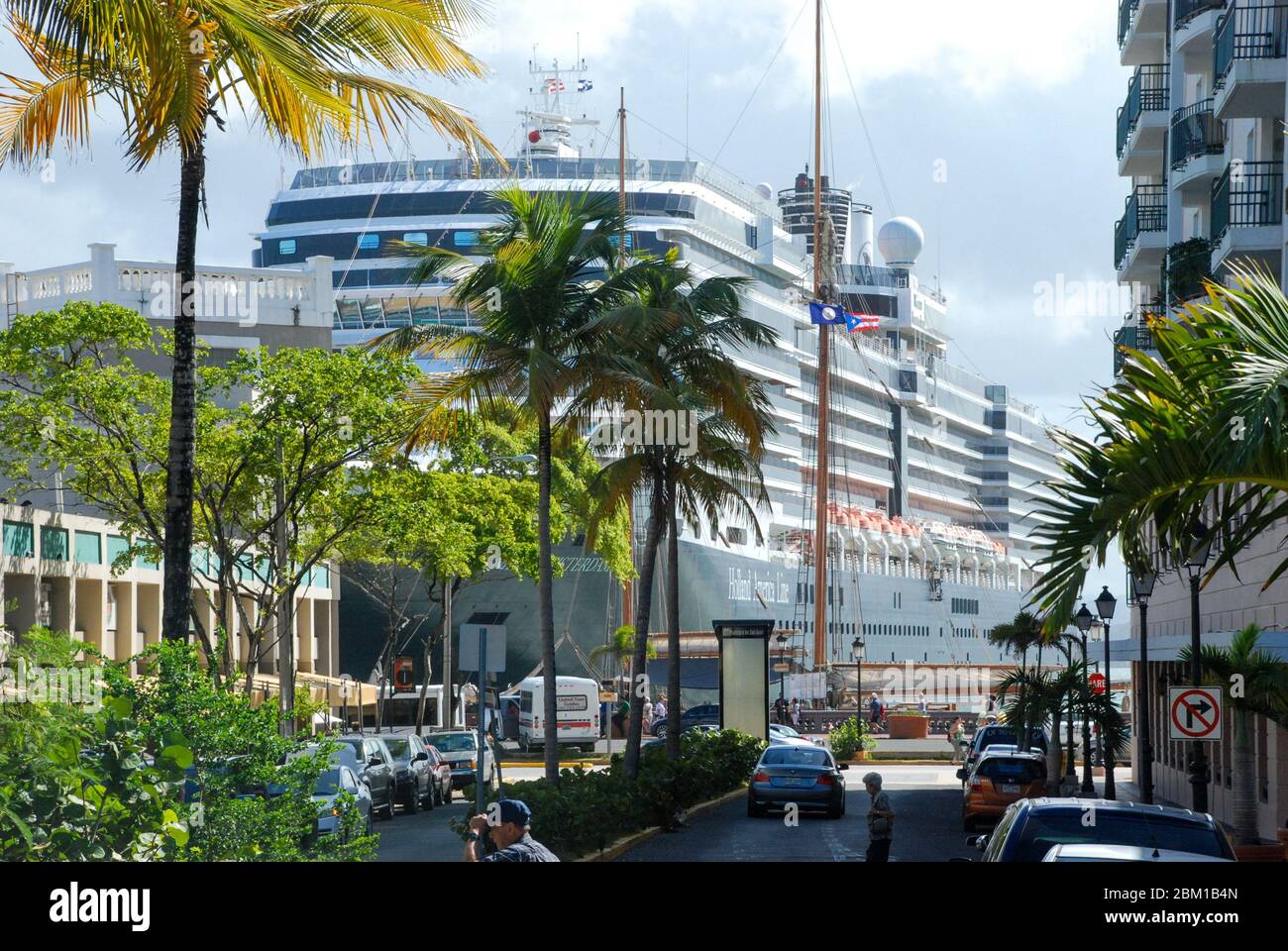 Nieuw Amsterdam cruise ship owned by the Holland America Line moored in San Juan harbour on the Caribbean island of Puerto Rico Stock Photo