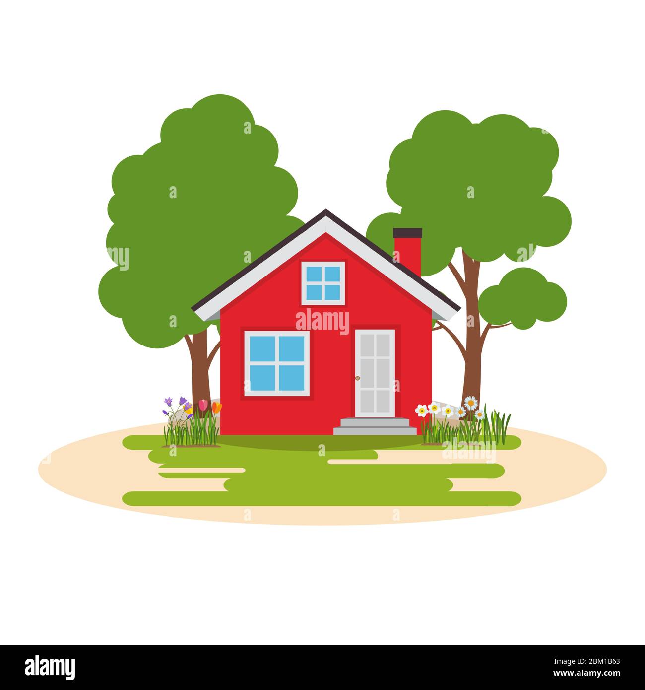 House with trees and flowers. Flat Background. Vector Illustration ...
