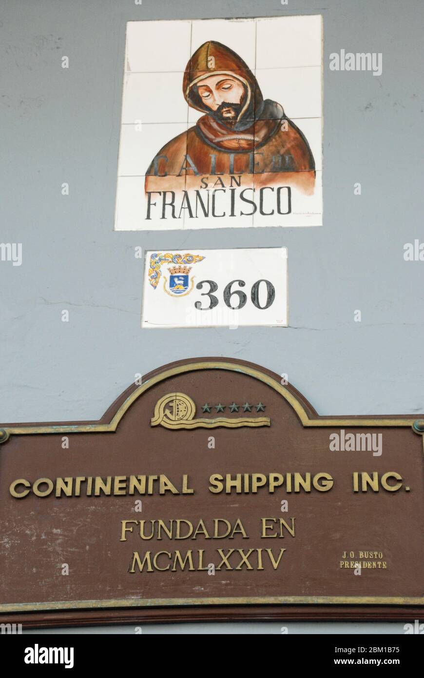 Continental Shipping Inc office in Old San Juan, Puerto Rico, with tile mosaic artwork of San Francisco Stock Photo