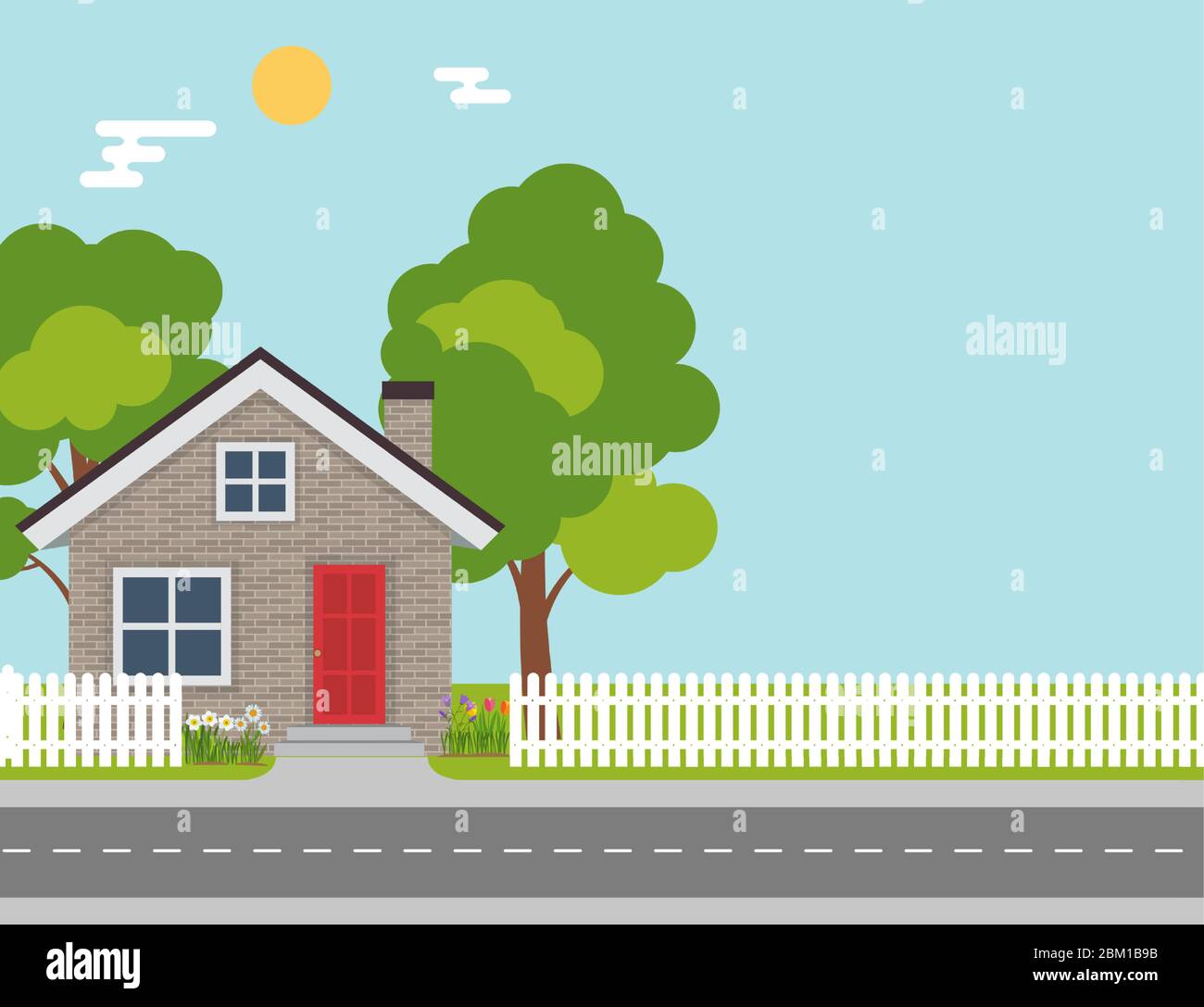 House with trees and flowers. Flat Background. Vector Illustration ...