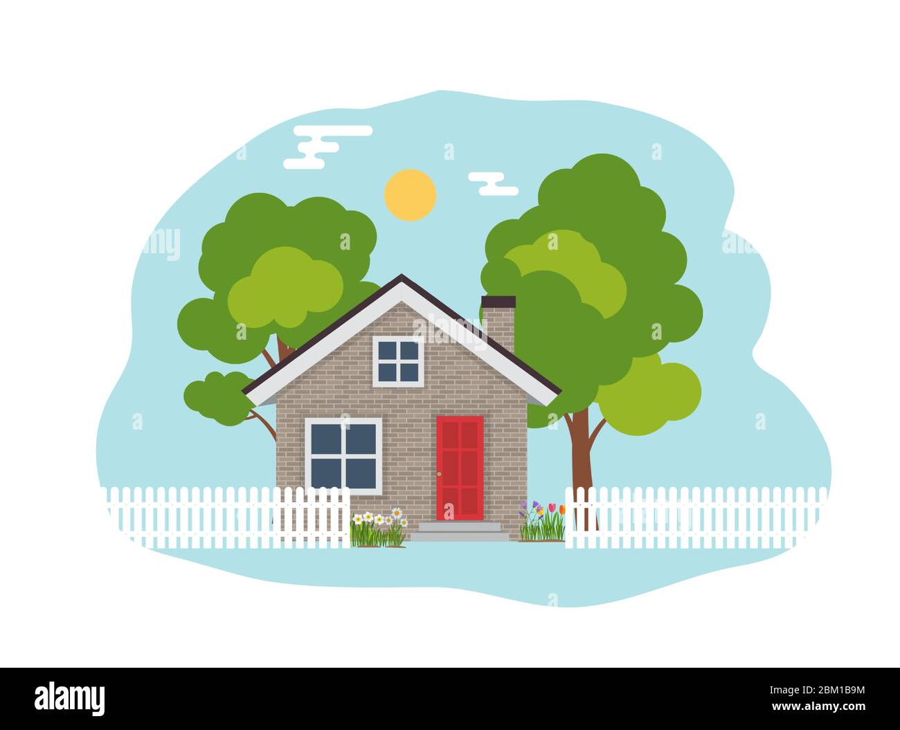 House with trees and flowers. Flat Background. Vector Illustration ...