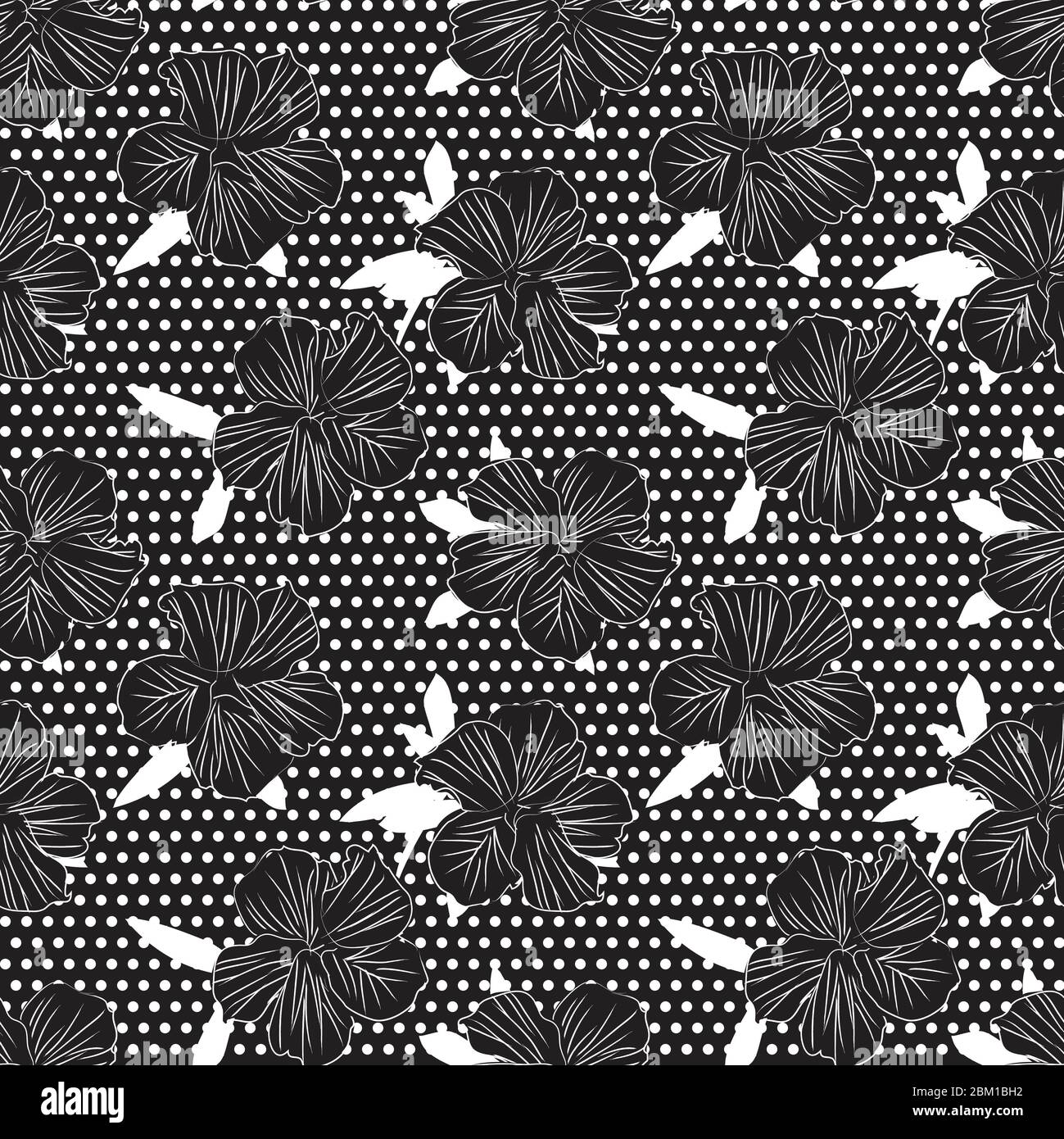 Black and white Floral botanical seamless pattern with dotted ...