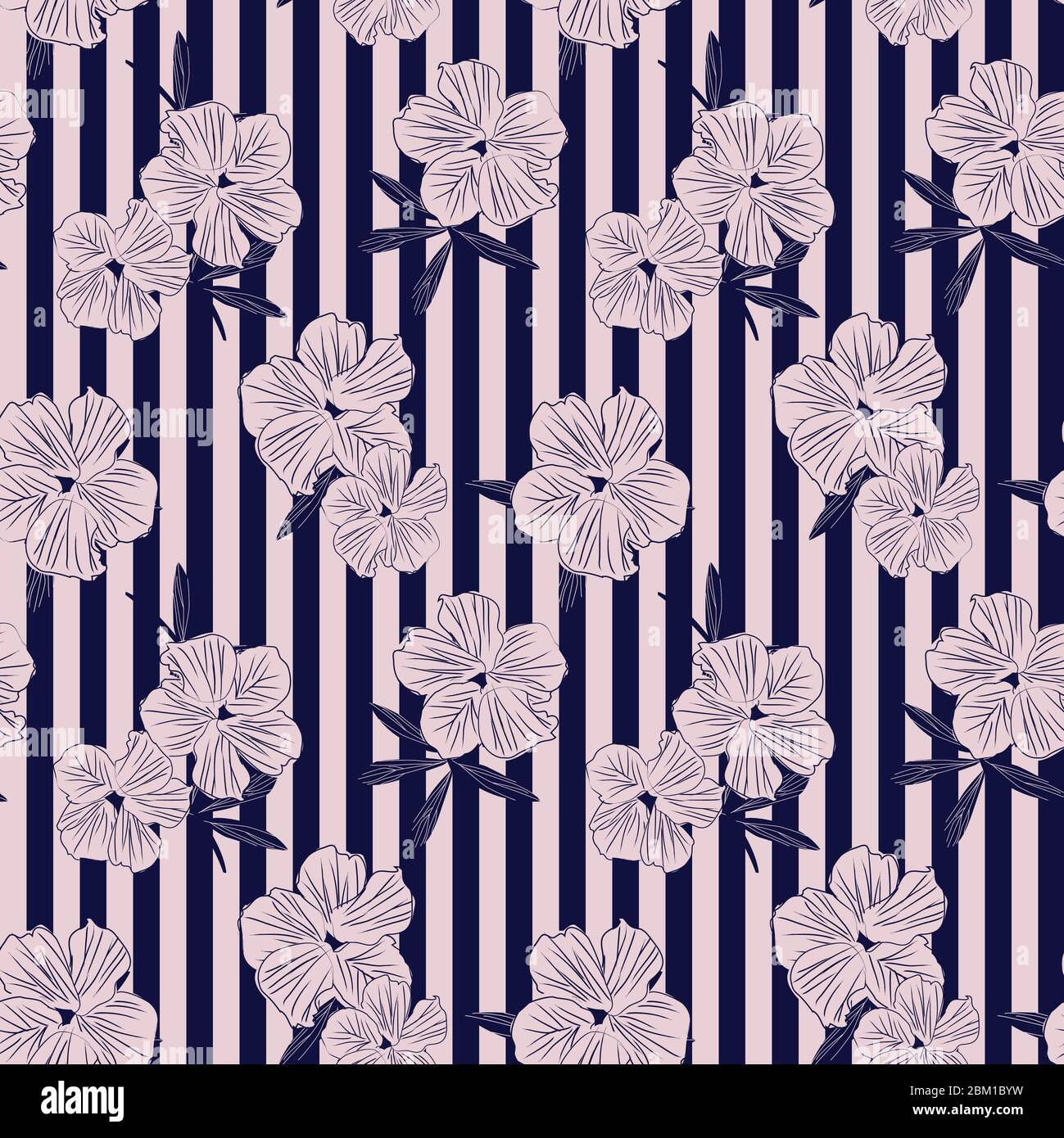 Pink Navy Floral botanical seamless pattern with striped background ...