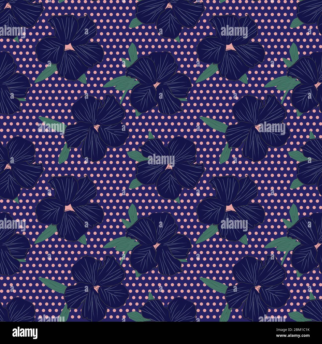 Pink Navy Floral botanical seamless pattern with dotted background ...