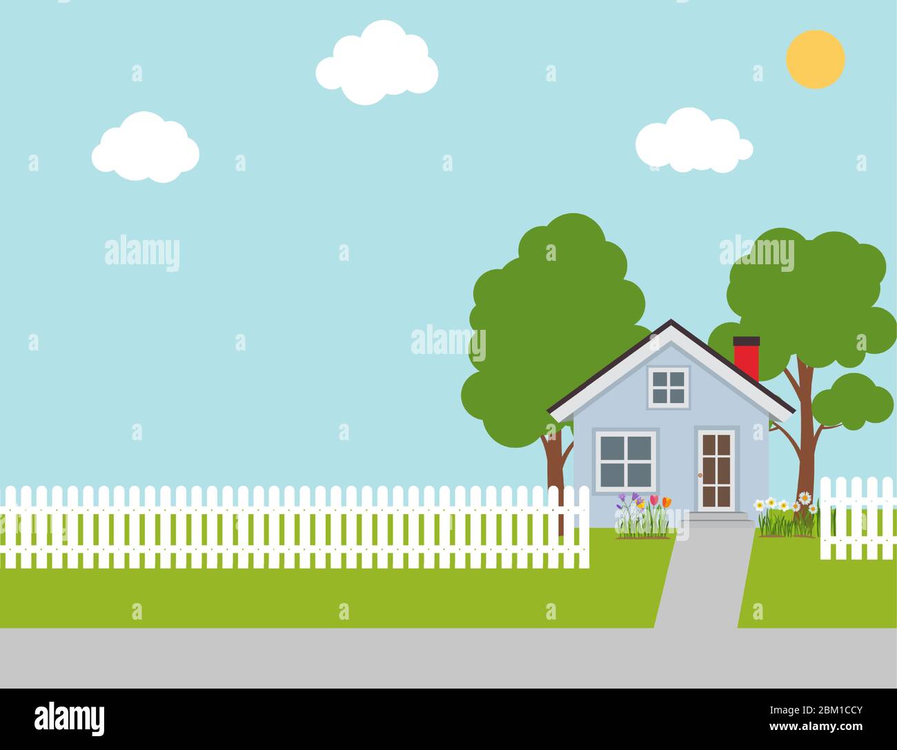 House with trees and flowers. Flat Background. Vector Illustration ...