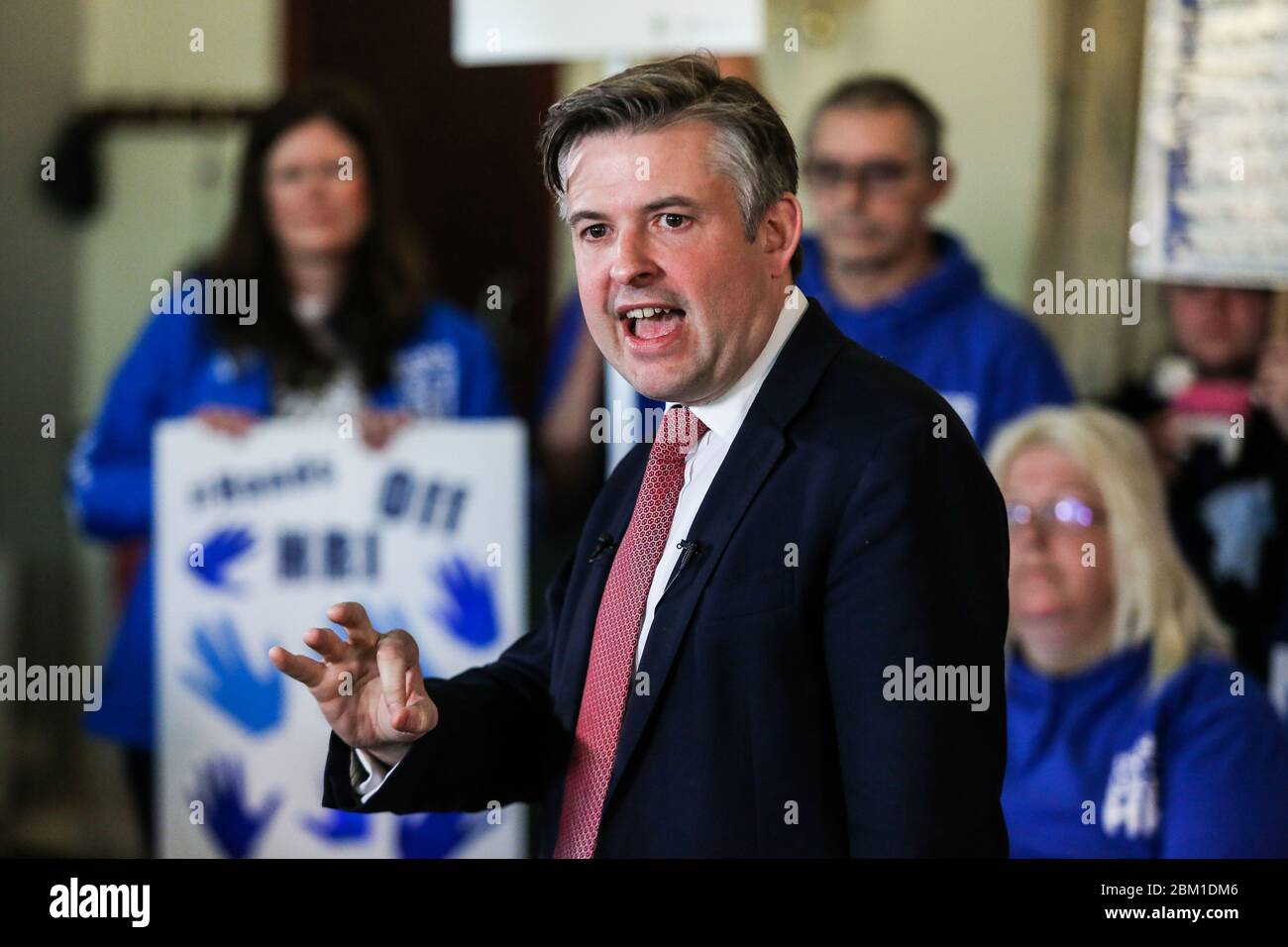 Labour shadow health secretary Jonathan Ashworth MP speaks at an event in Batley, West Yorkshire, to launch the party's policy on healthcare and the N Stock Photo