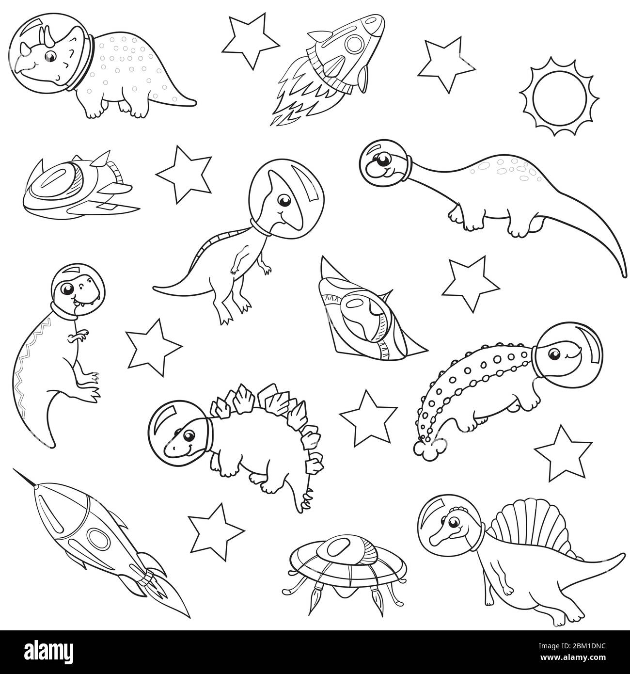 cute dinosaur astronauts in space with spaceships and planets, outlines on white background, seamless vector pattern. children's, for fabric Stock Vector