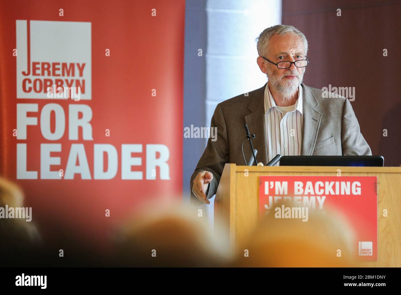 Picture Shows Labour leadership contender Jeremy Corbyn addressing Labour members and supporters at his policy launch at the Carriageworks in Leeds, W Stock Photo
