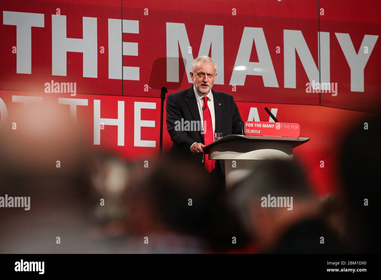 Labour leader Jeremy Corbyn addresses supporters and the media at a rally in Manchester to launch their 2017 General Election campaign. Stock Photo