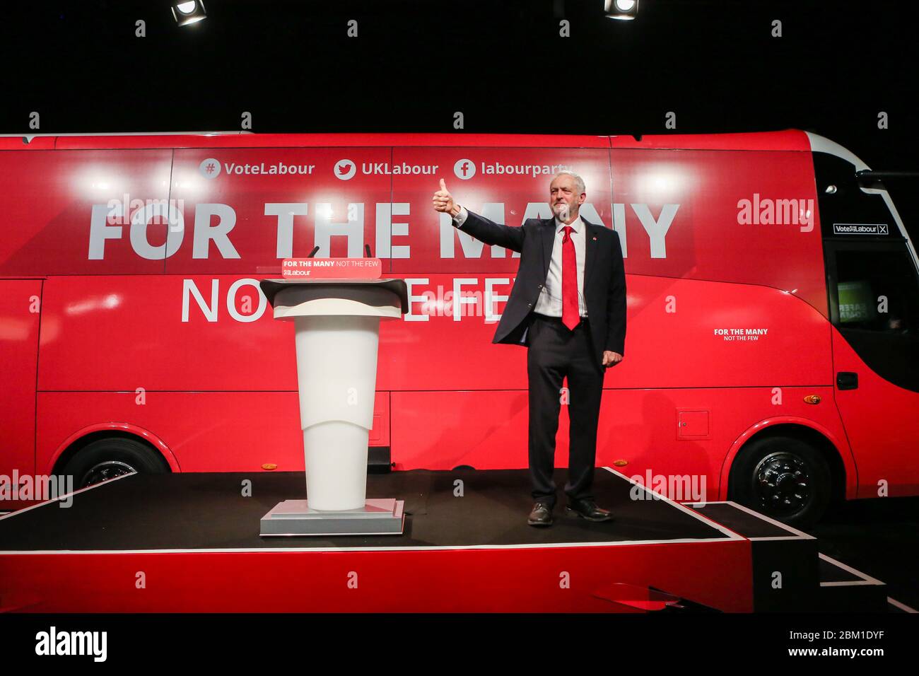 Labour leader Jeremy Corbyn addresses supporters and the media at a rally in Manchester to launch their 2017 General Election campaign. Stock Photo