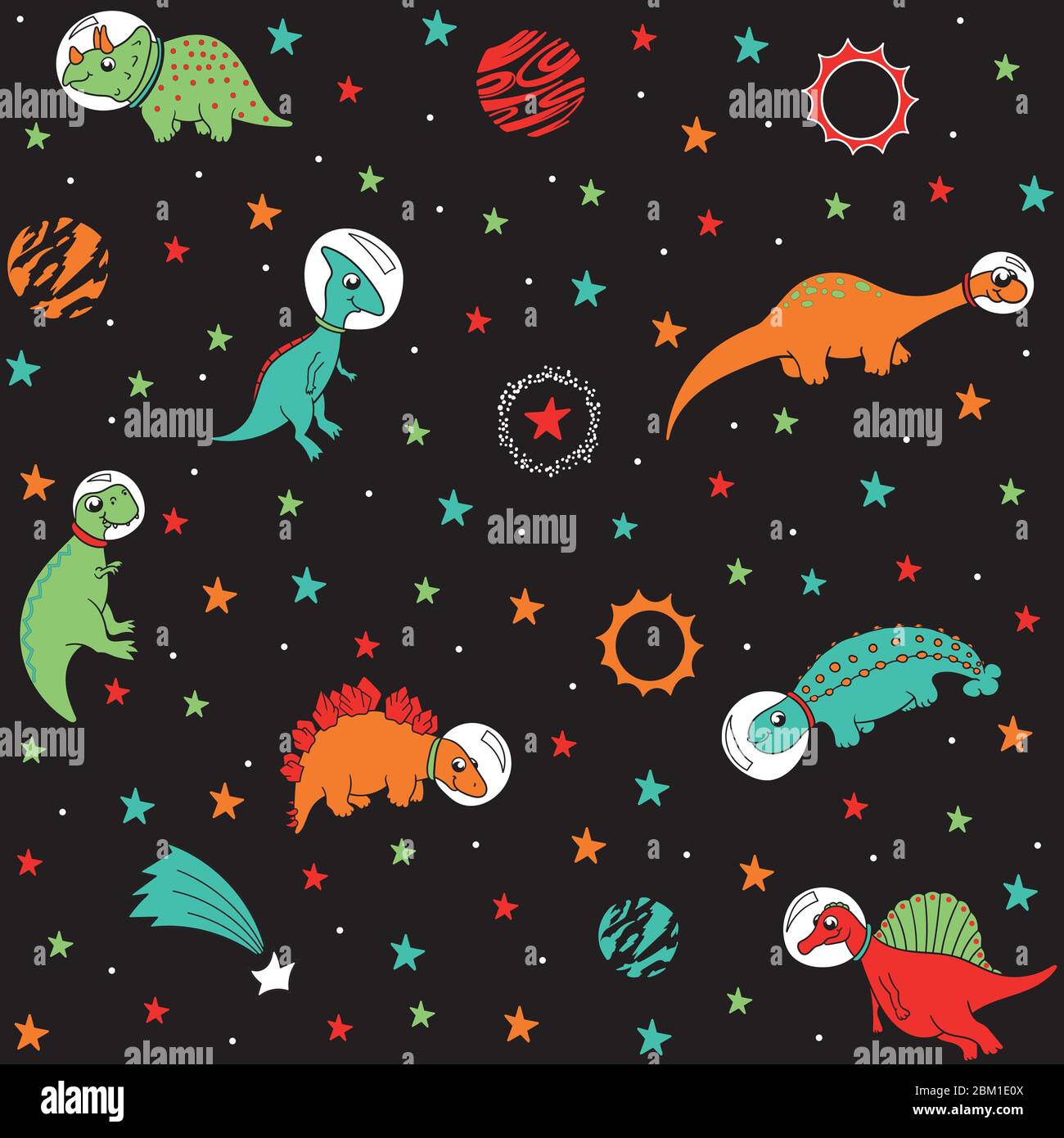 cute dinosaur astronauts in space with spaceships and planets, multicolored on black background, seamless vector pattern. children's, for fabric Stock Vector