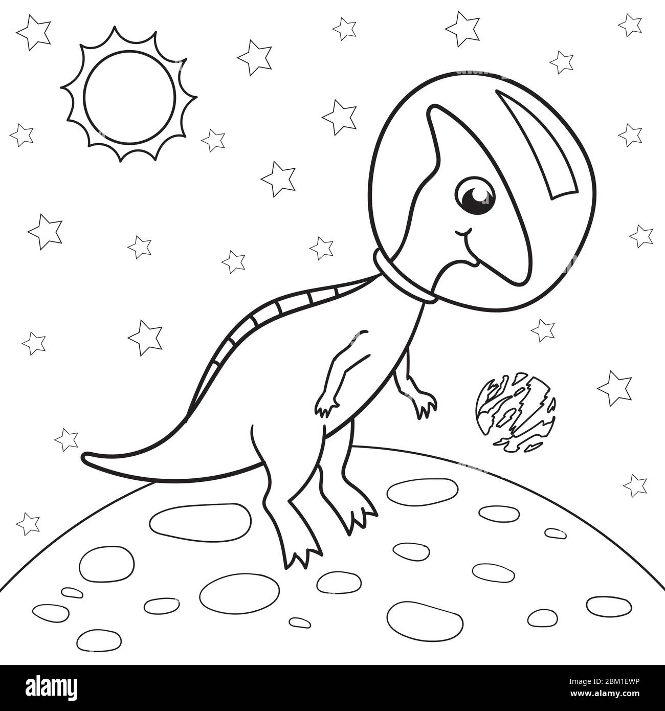 Vector illustration of dinosaur astronaut in space, Parasaurolophus - Coloring book for children Stock Vector