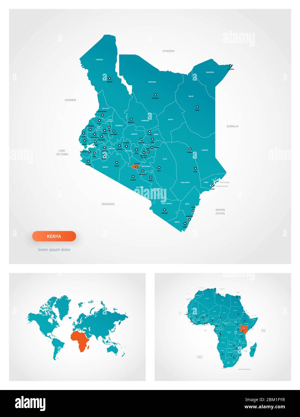 Editable template of map of Kenya with marks. Kenya on world map and on