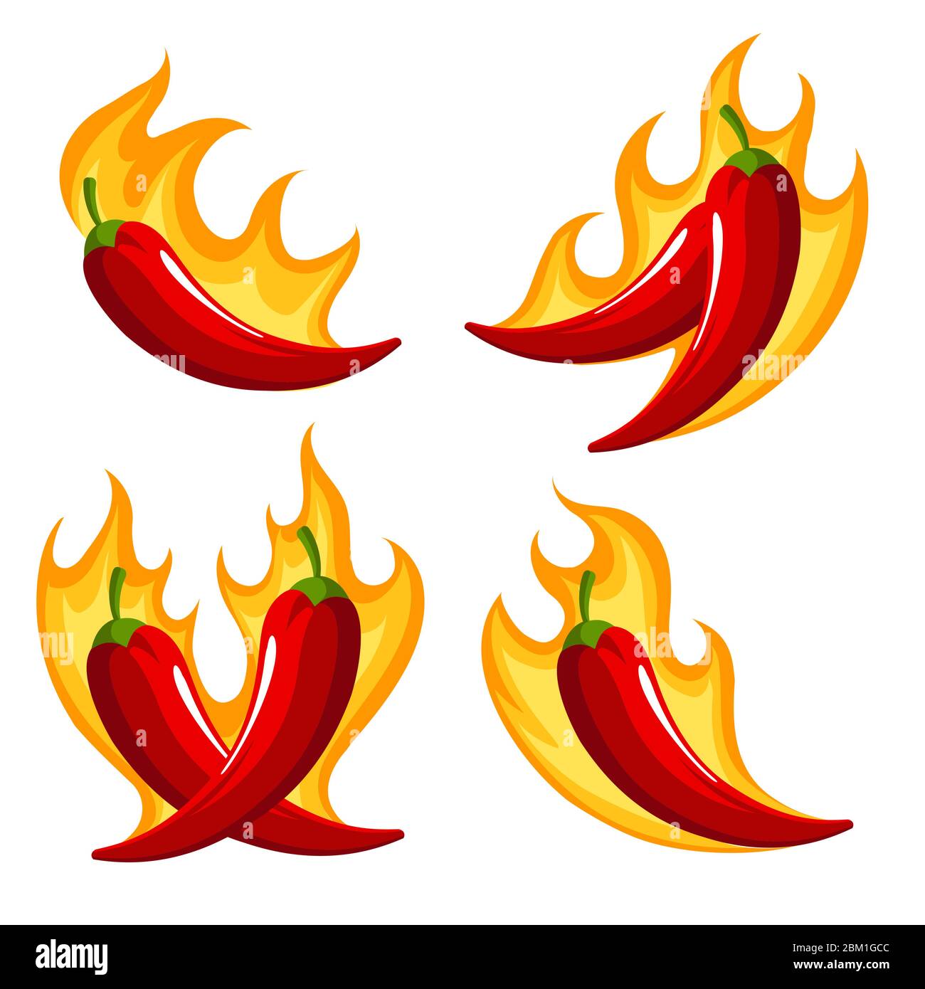 Set of  Red Chili Peppers Emblems on Fire isolated on white. Vector illustration. Stock Vector