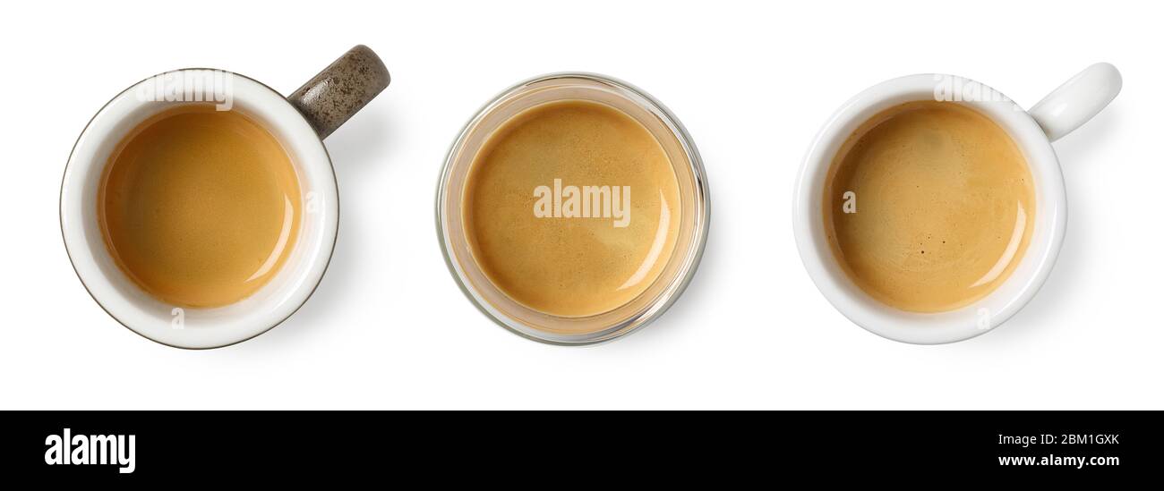 Set of three various espresso cups isolated on white background. Top view Stock Photo