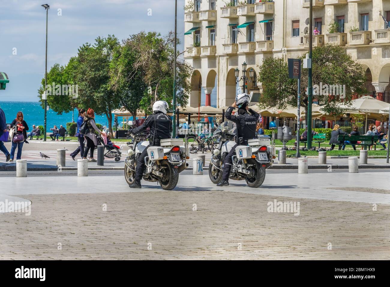 Thessaloniki, Greece Hellenic police officers on motorcycles patrolling